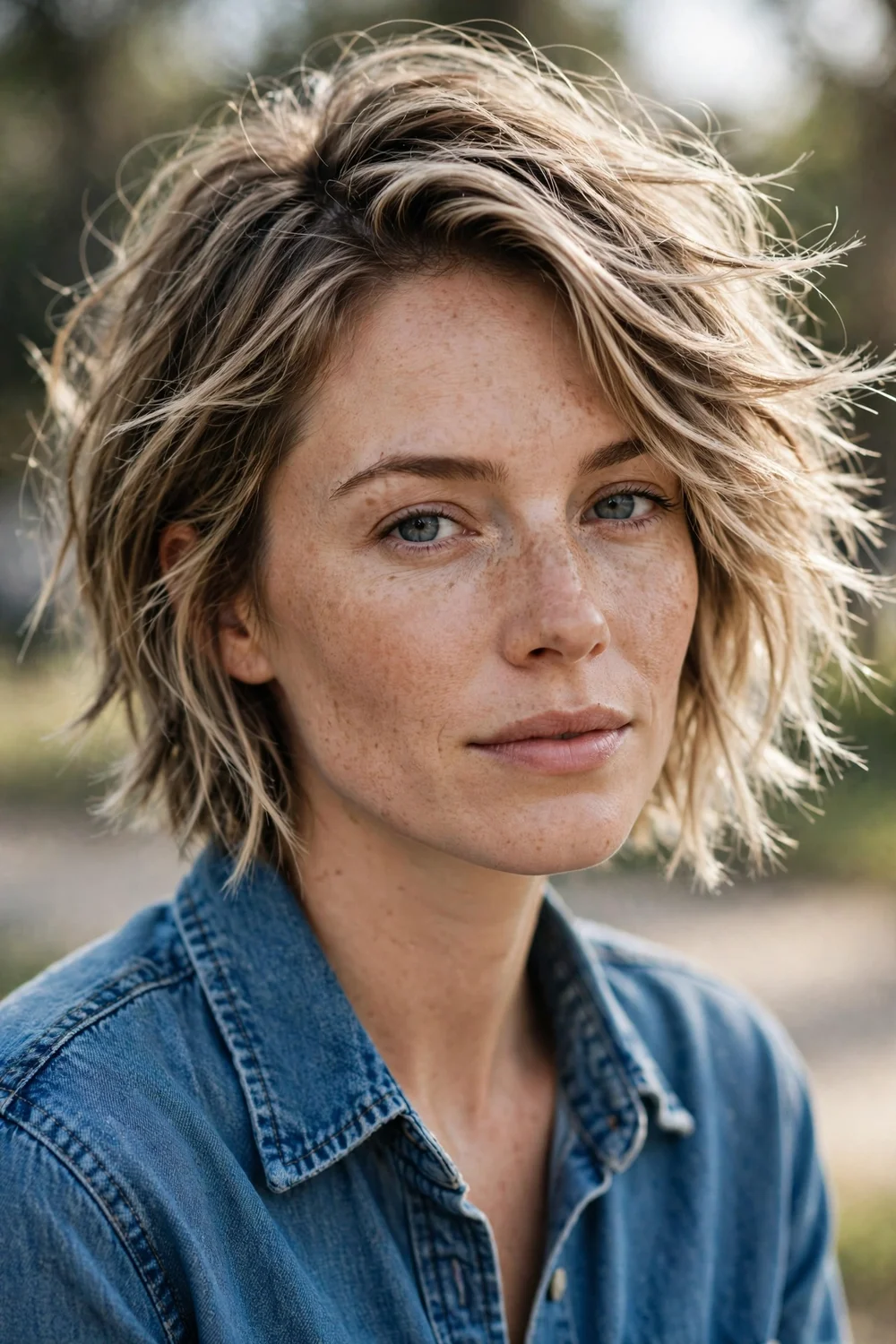 Woman with freckles and a side-parted tousled short shag, deep side part and piecey layers on fine dark blonde hair
