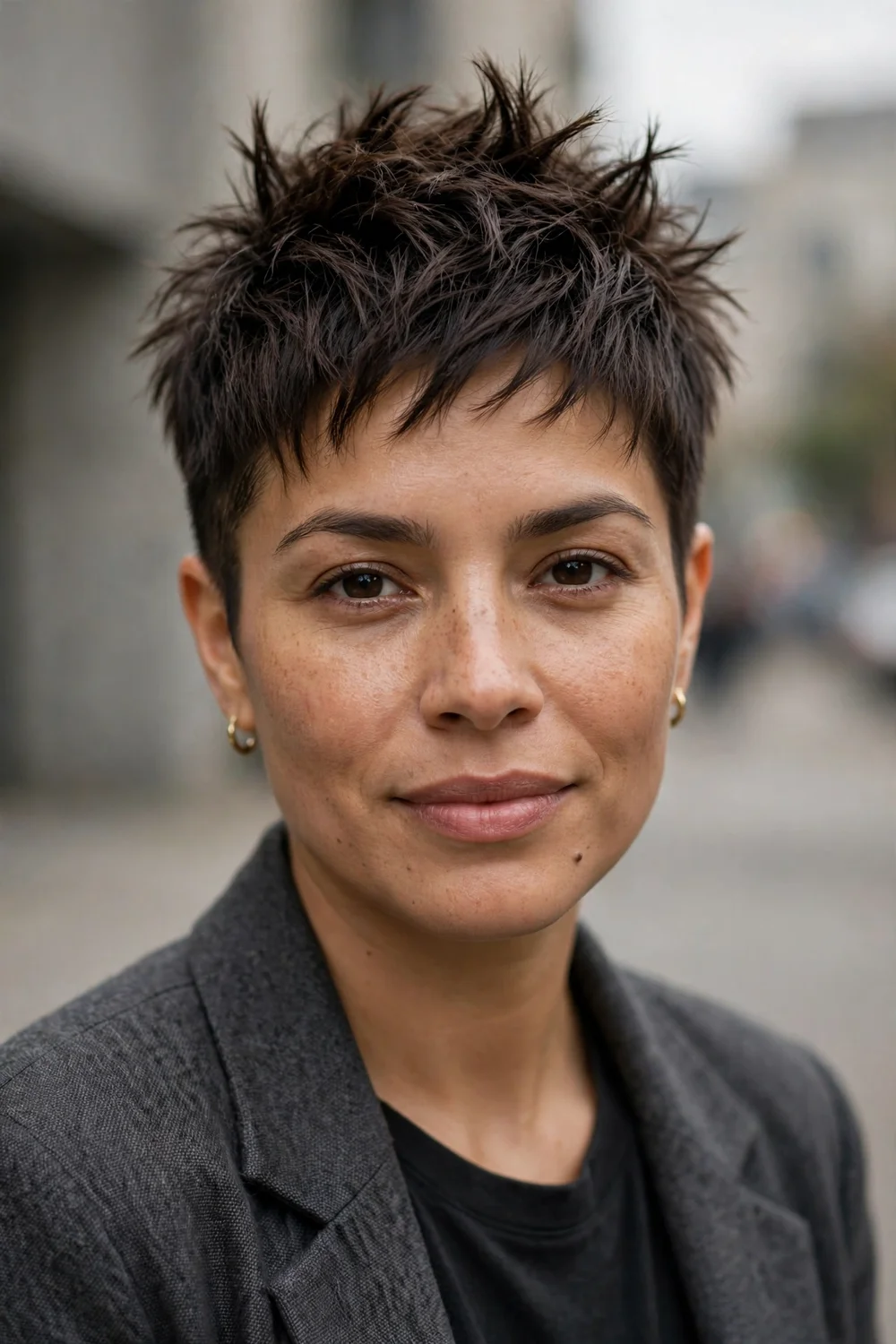 Latina woman with a spiky undercut pixie shag, tapered sides and spiky textured top on fine dark brown hair