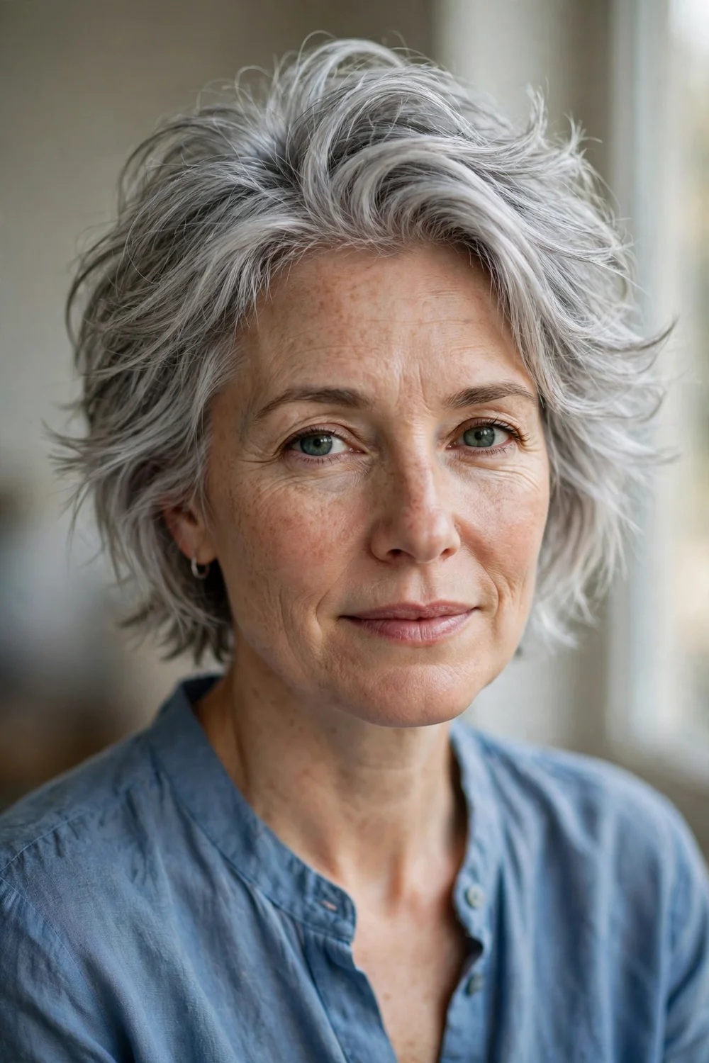 Woman in her late 40s with a short textured razor cut, feathered silver-grey layers adding fullness to fine hair