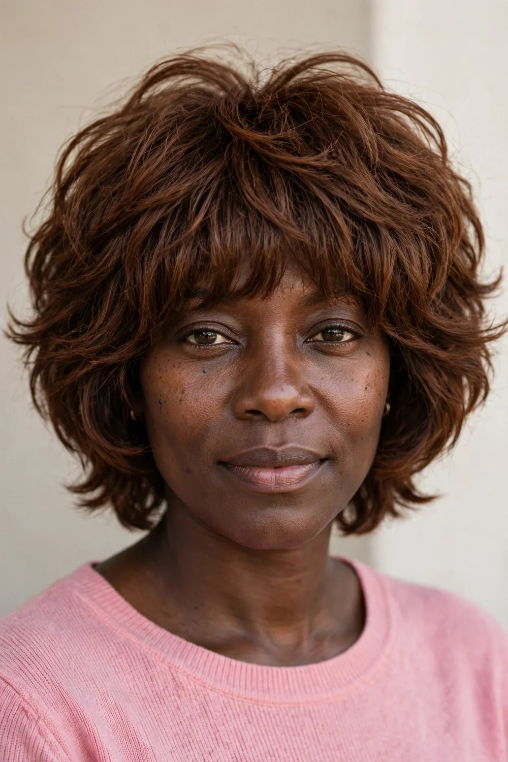 Black woman with a voluminous short shag and full choppy bangs on fine chestnut-brown hair