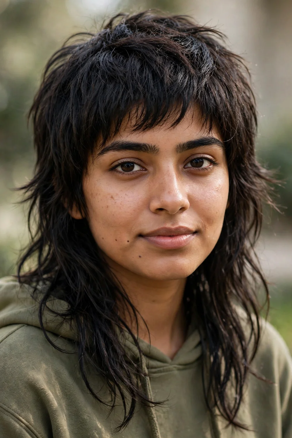 Young South Asian woman with a wolf-cut shag hybrid, short choppy crown layers and longer shaggy back pieces