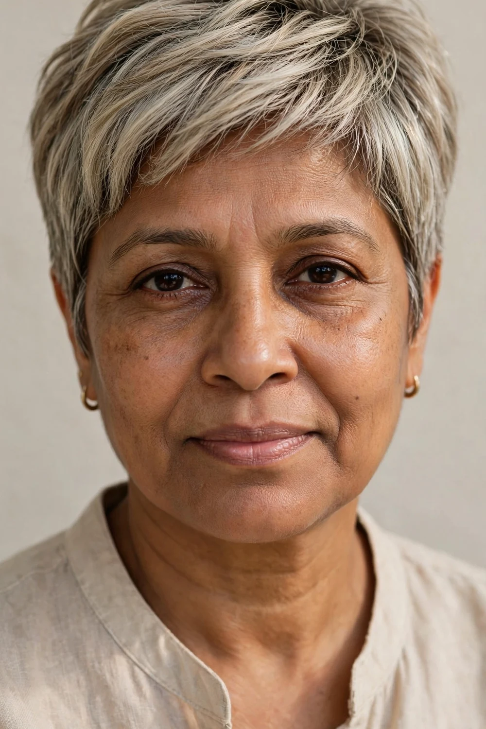 Woman in her early 50s with an ash blonde textured crop