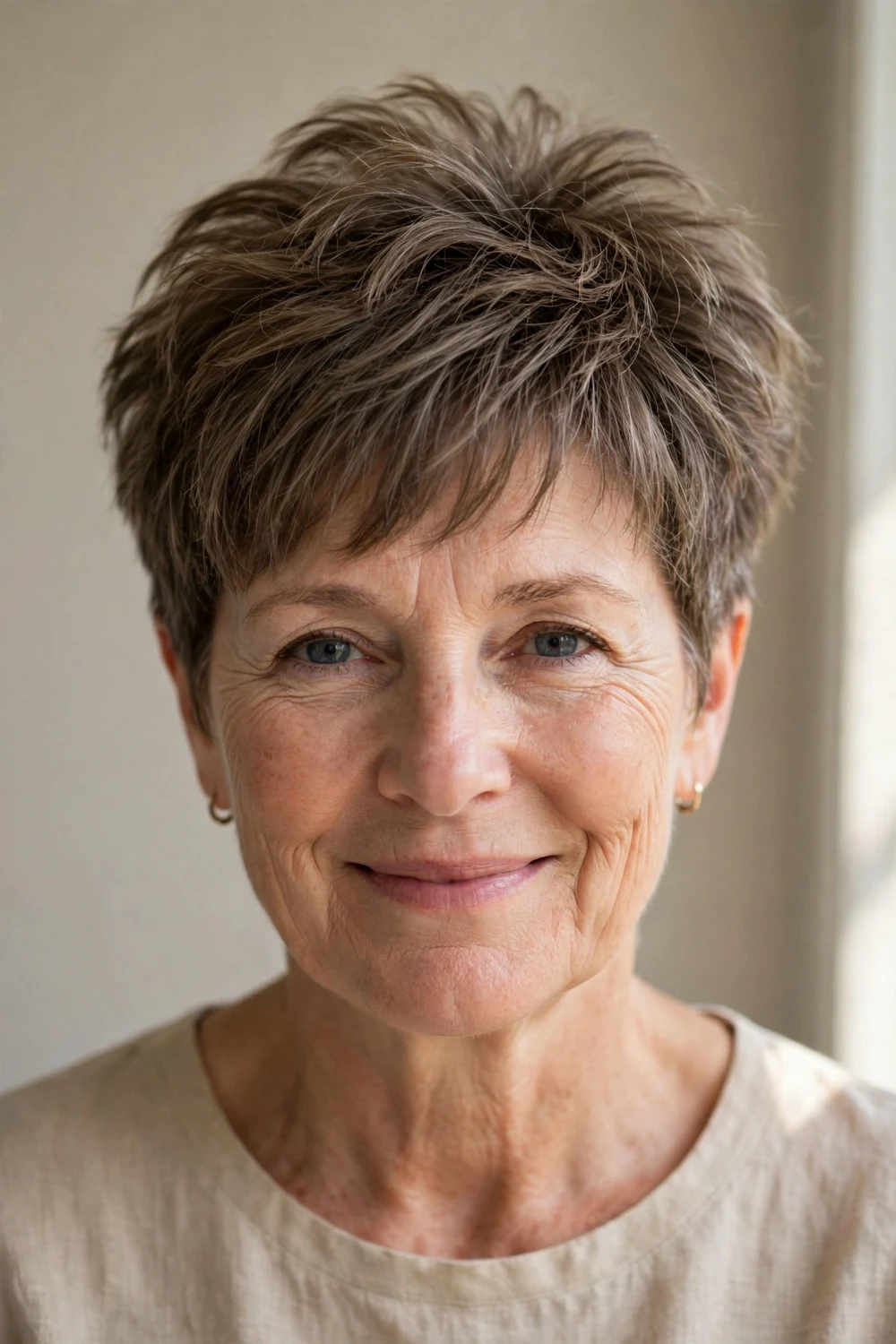 Woman in her early 50s with an ash mocha voluminous crown shag