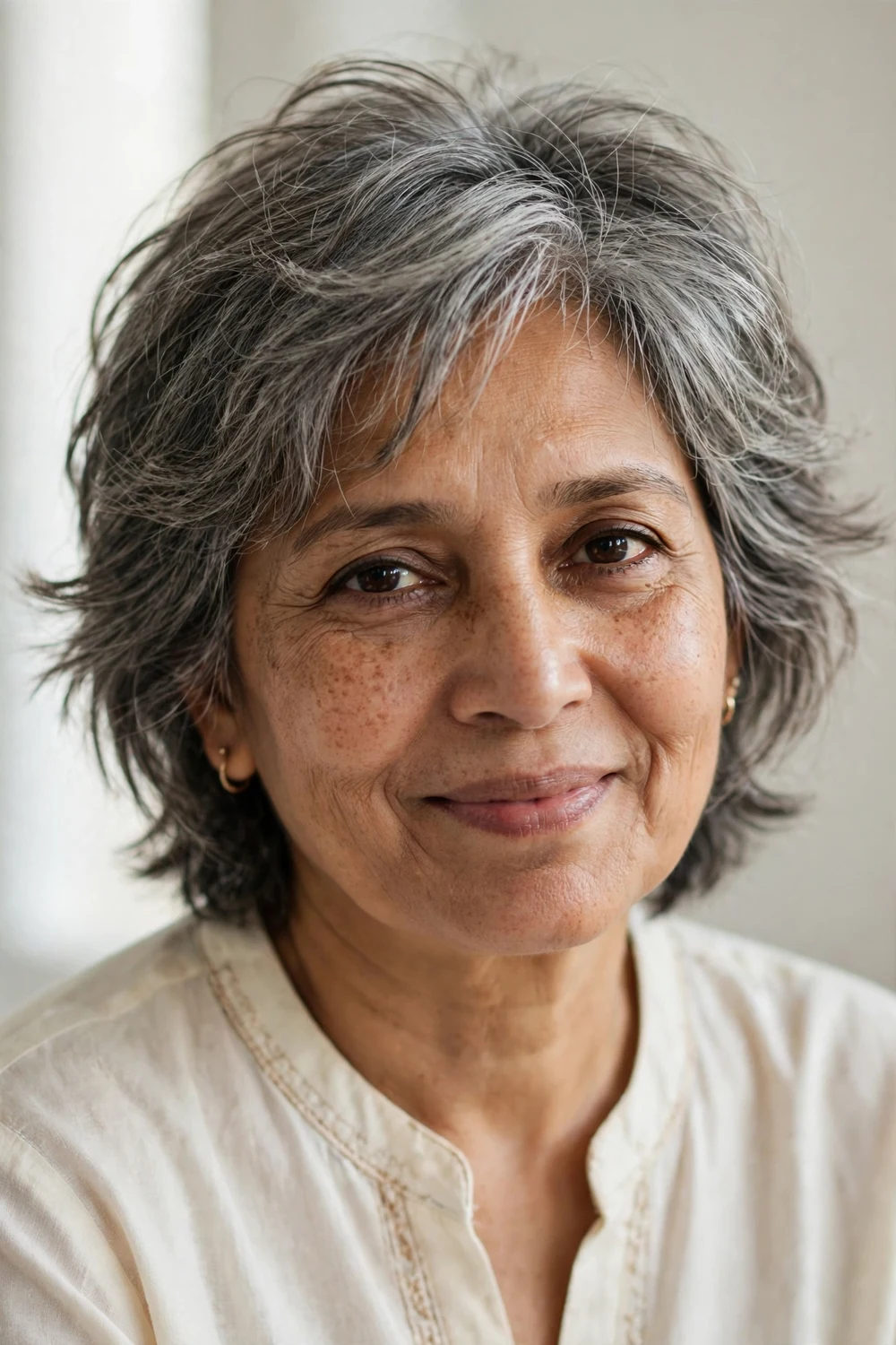 Woman in her mid-50s with a blended gray wispy short shag