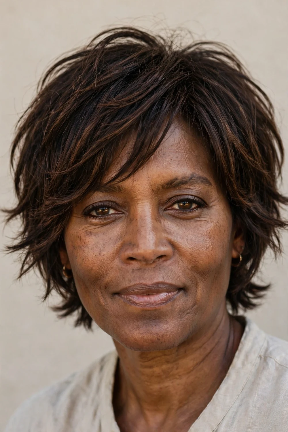 Woman in her early 50s with a brunette contour face-framing shag