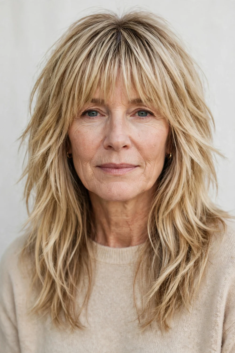 Woman in her late 50s with a cascading full-bang shag