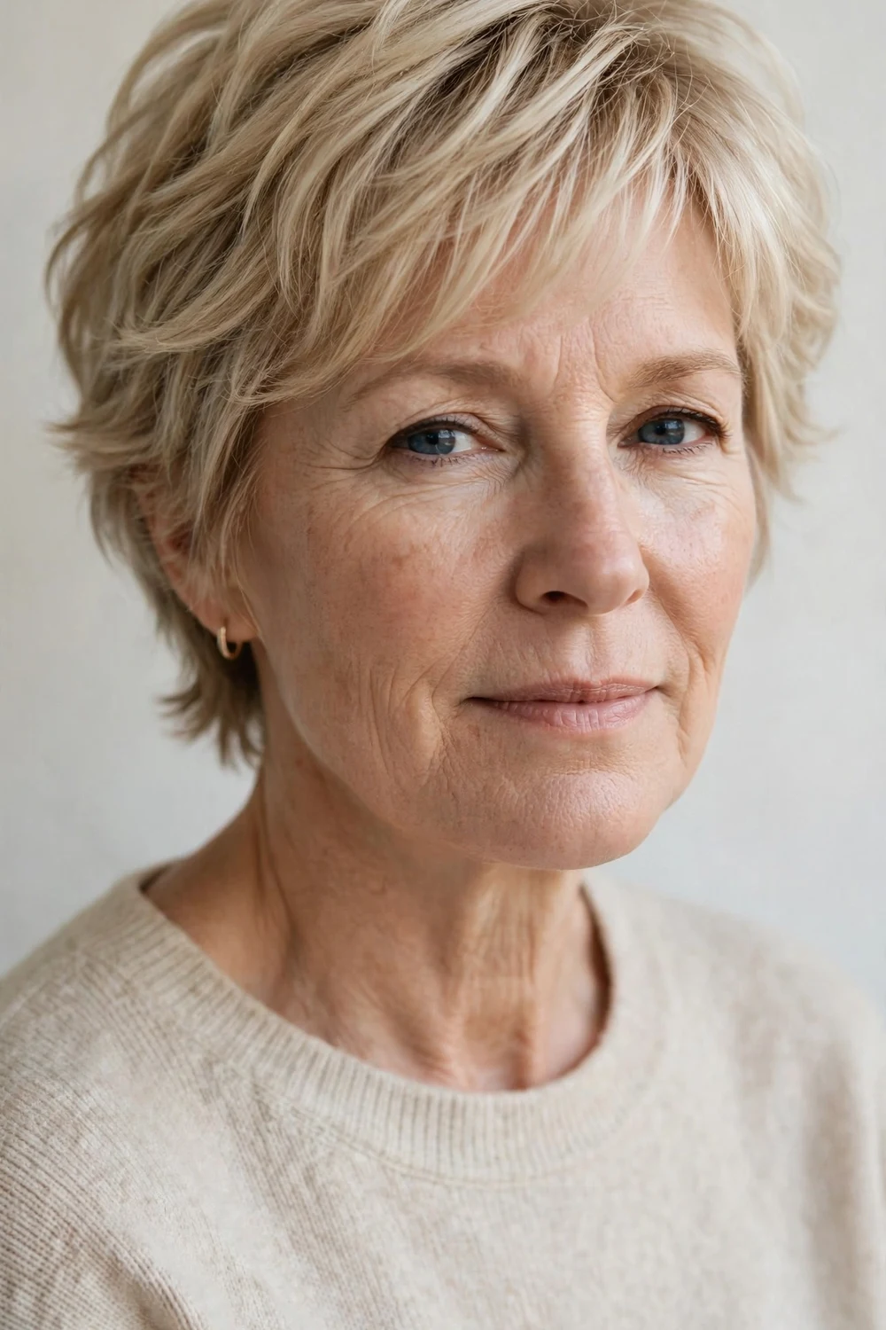 Woman in her mid-50s with a champagne blonde soft-layered shag