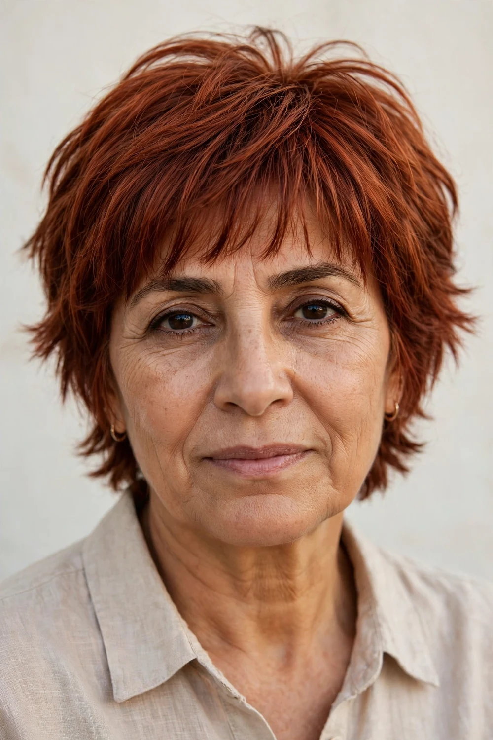 Woman in her mid-50s with a copper razor-cut shag