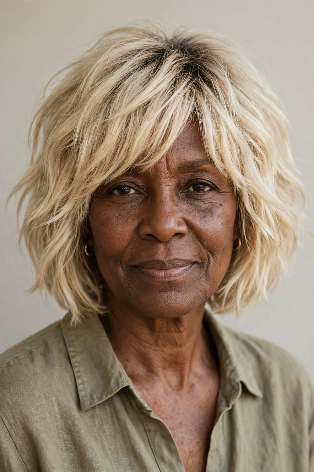 Woman in her late 50s with a creamy blonde shaggy bob