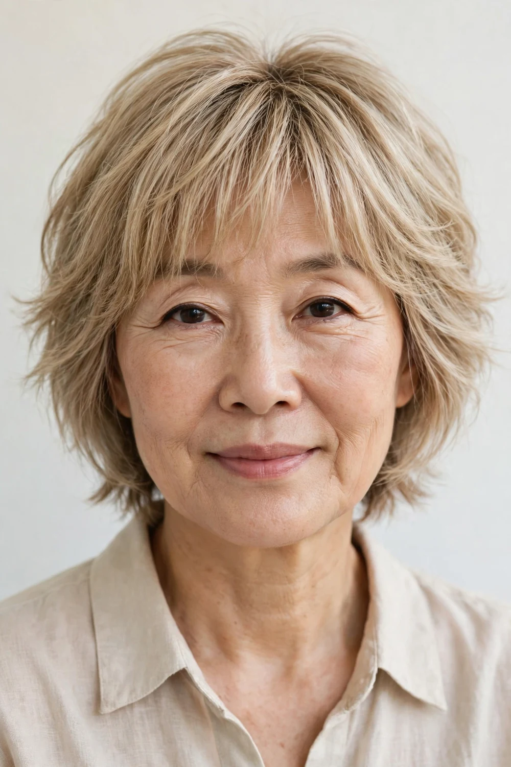 Woman in her mid-50s with a curtain-bang beige blonde shag