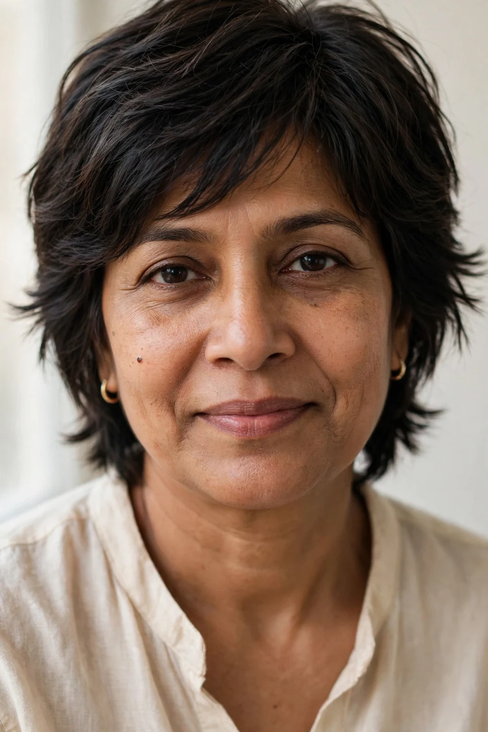 Woman in her early 50s with a dark espresso classic shag