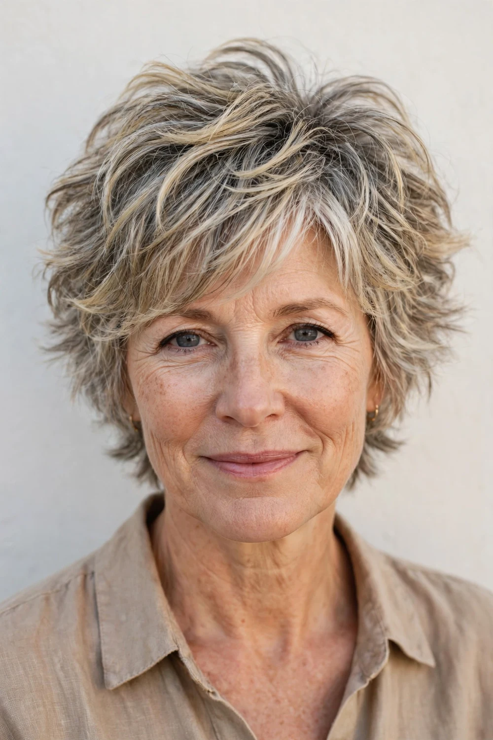 Woman in her early 50s with a fluffy highlighted bixie