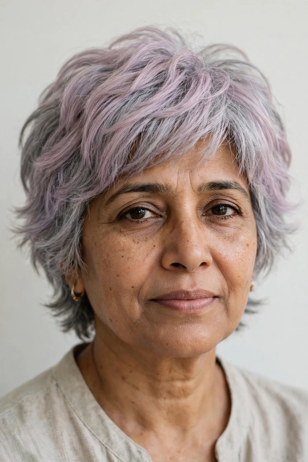 Woman in her mid-50s with a frosted lavender layered shag