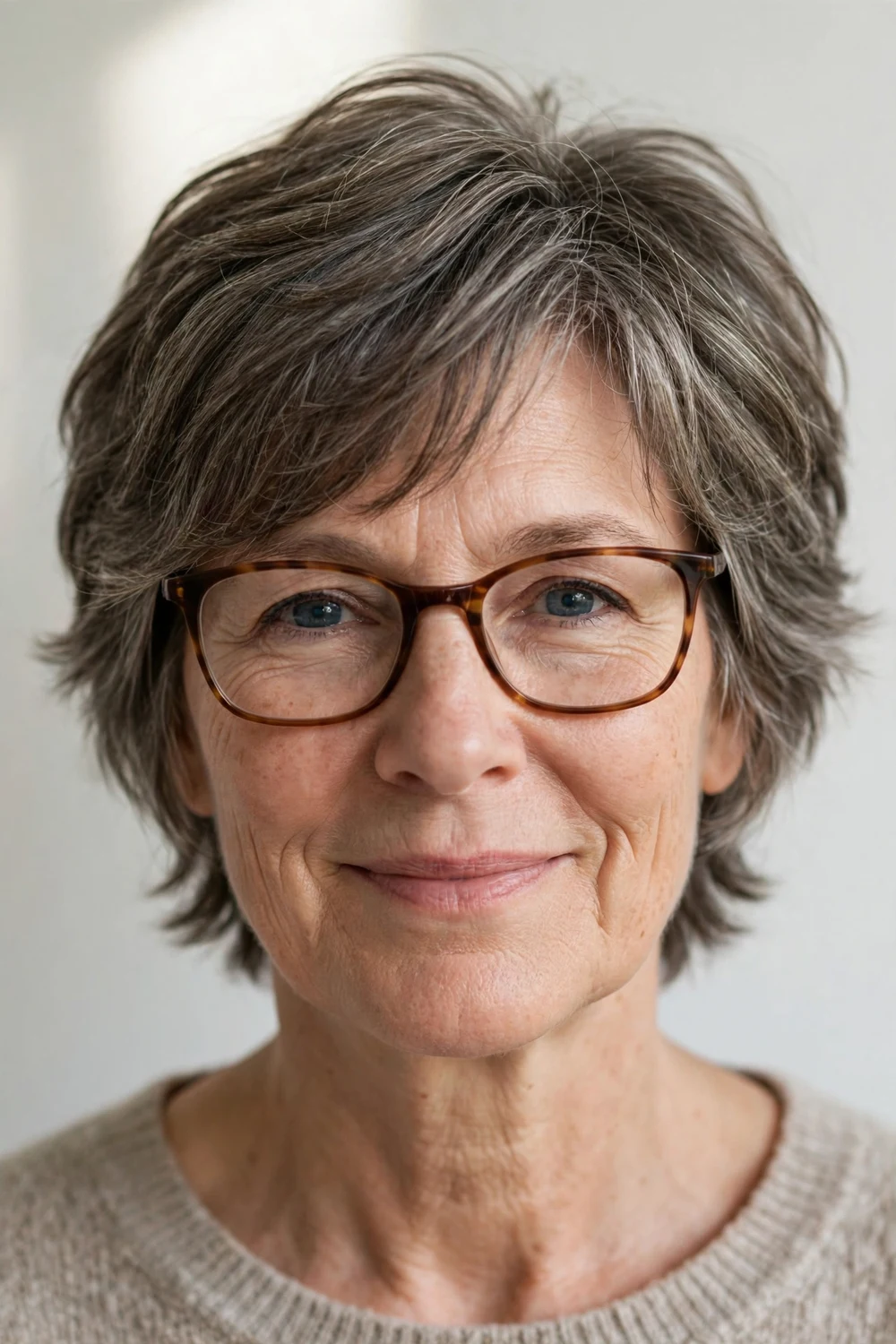 Woman in her late 50s wearing glasses with a feathered shag haircut