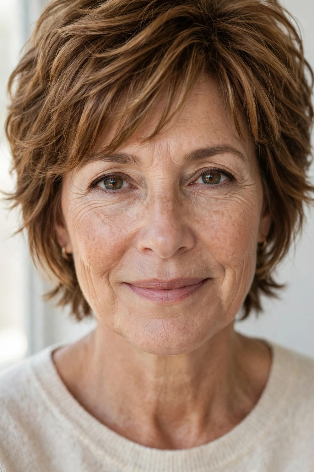 Woman in her mid-50s with a golden blonde crown-lift shag