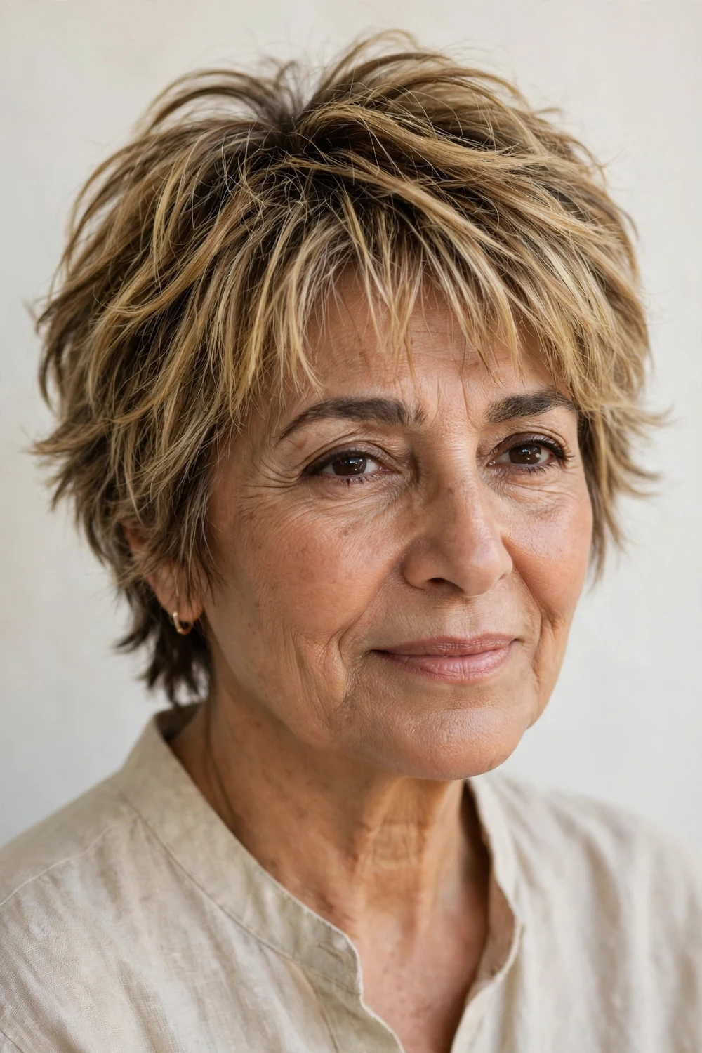 Woman in her late 50s with a honey blonde wispy-bang shag