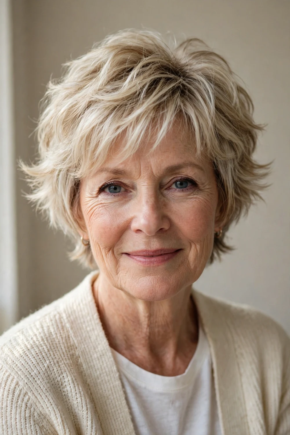 Woman in her early 60s with an ivory blonde retro flip shag