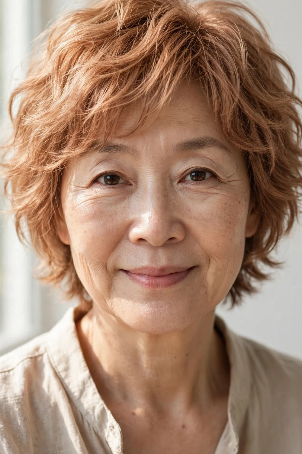 Woman in her late 50s with a light copper wavy shag