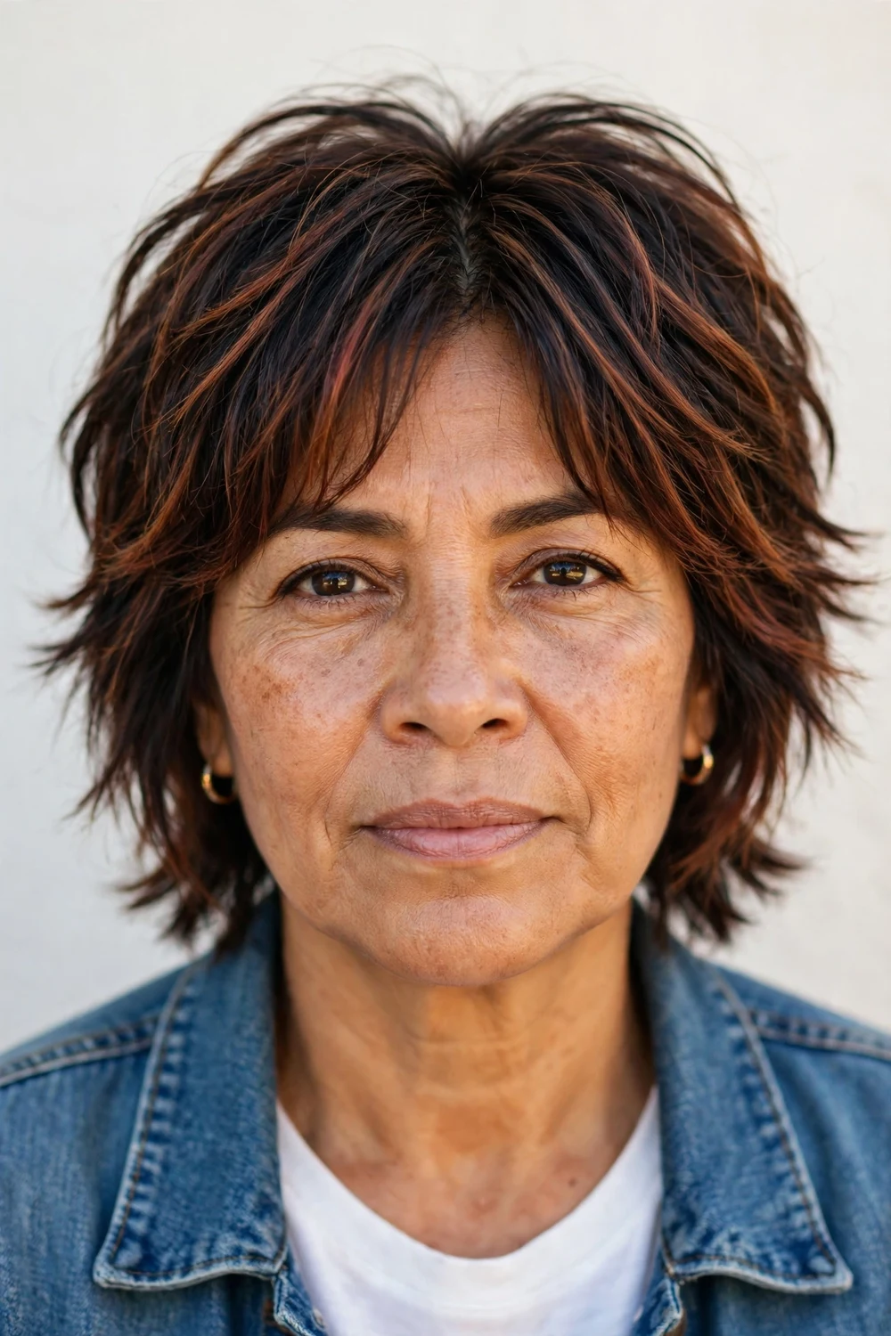 Woman in her mid-50s with a middle-part rusty brown shag