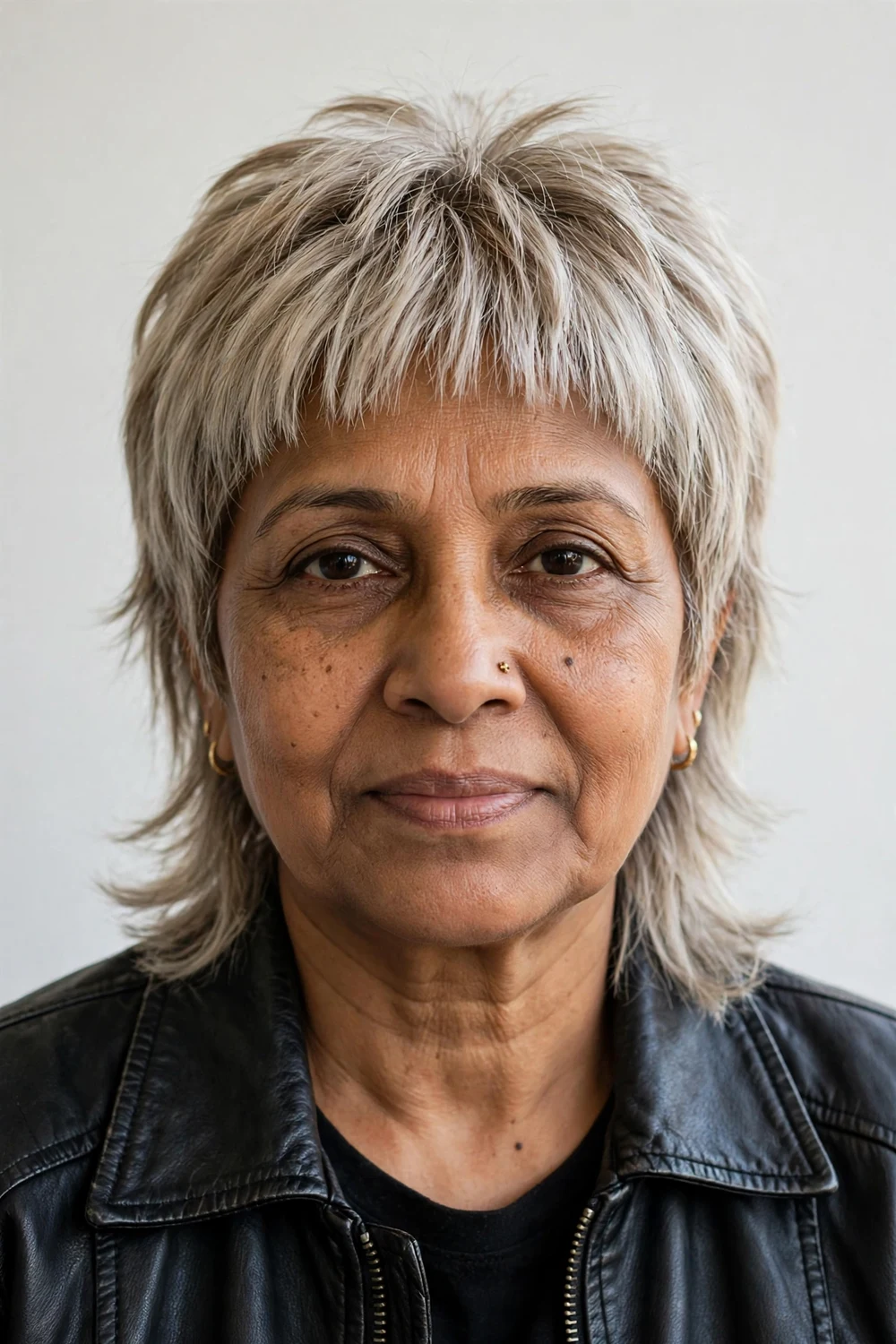 Woman in her late 50s with a mullet micro-bang shag