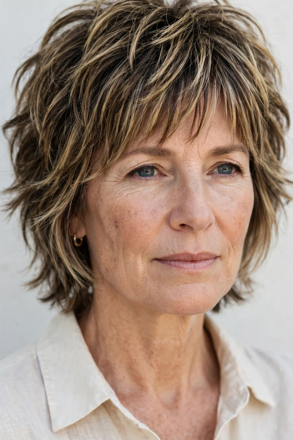Woman in her mid-50s with a multi-dimensional highlighted shag