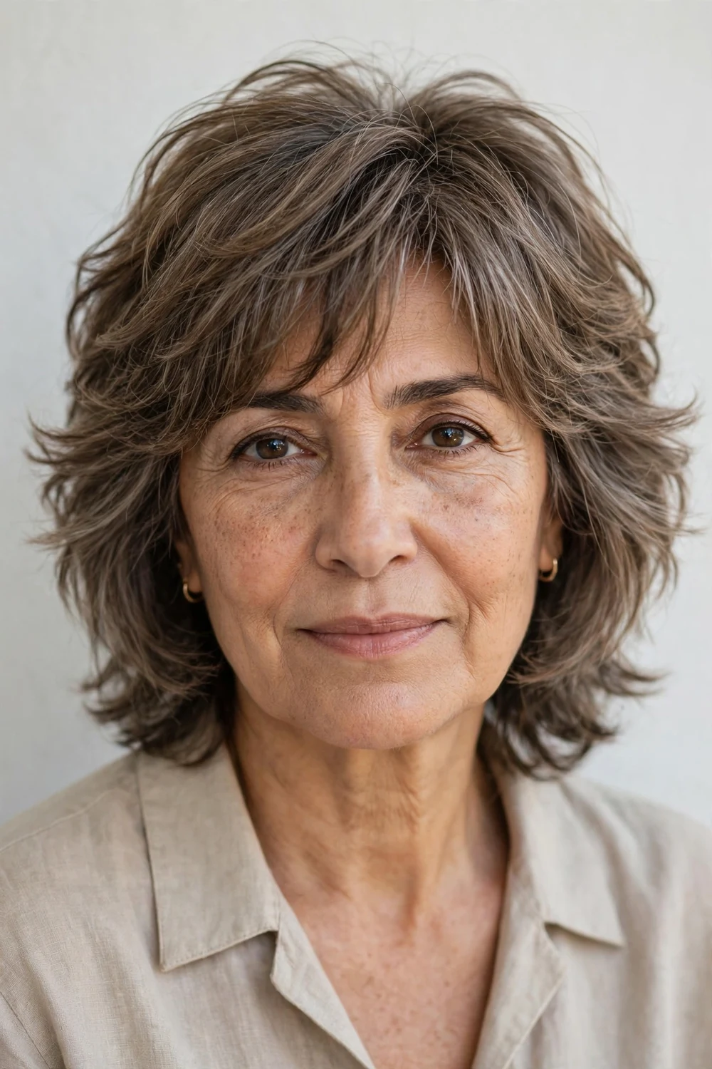 Woman in her late 50s with a mushroom brown soft shag