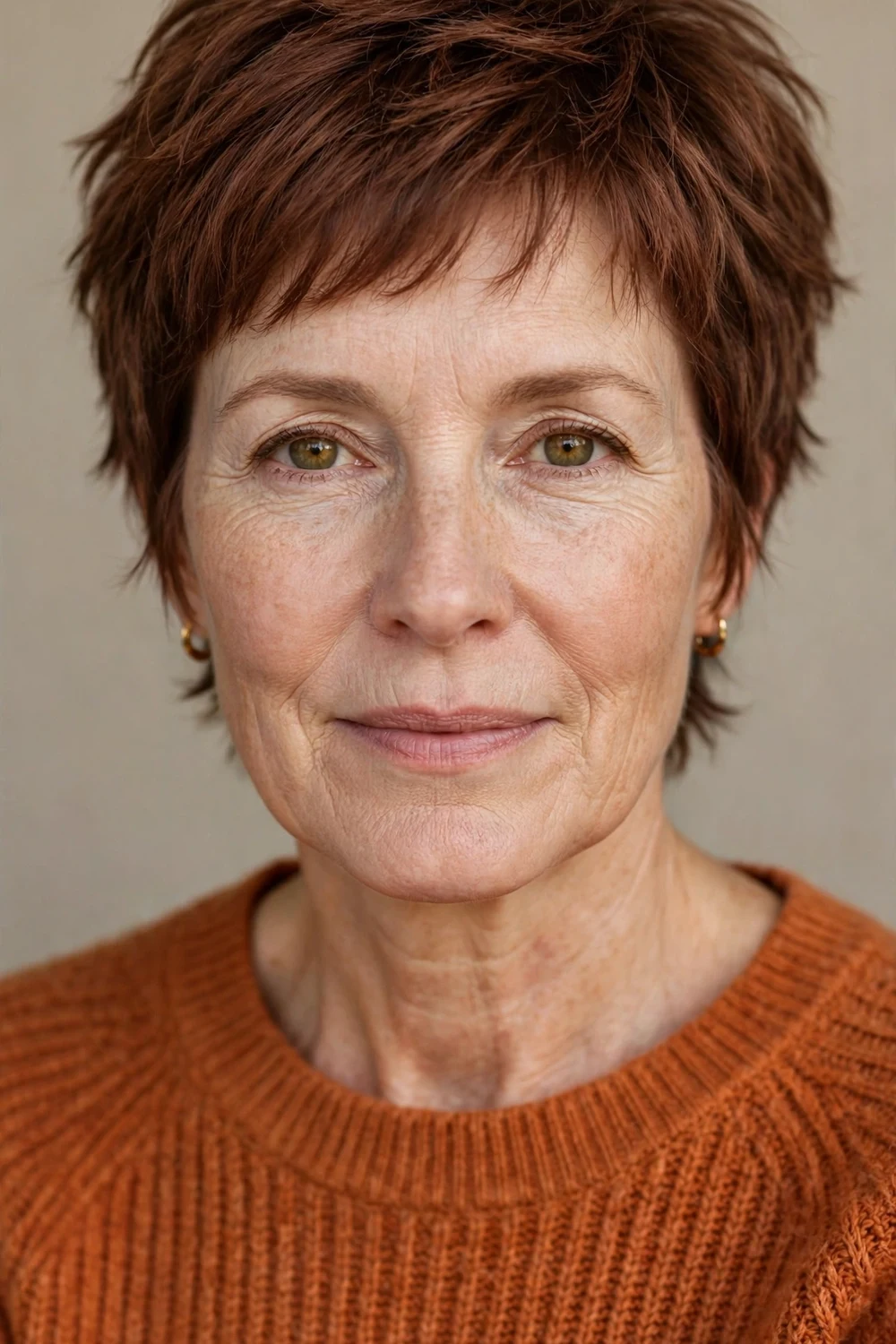 Woman in her early 50s with a muted auburn micro shag