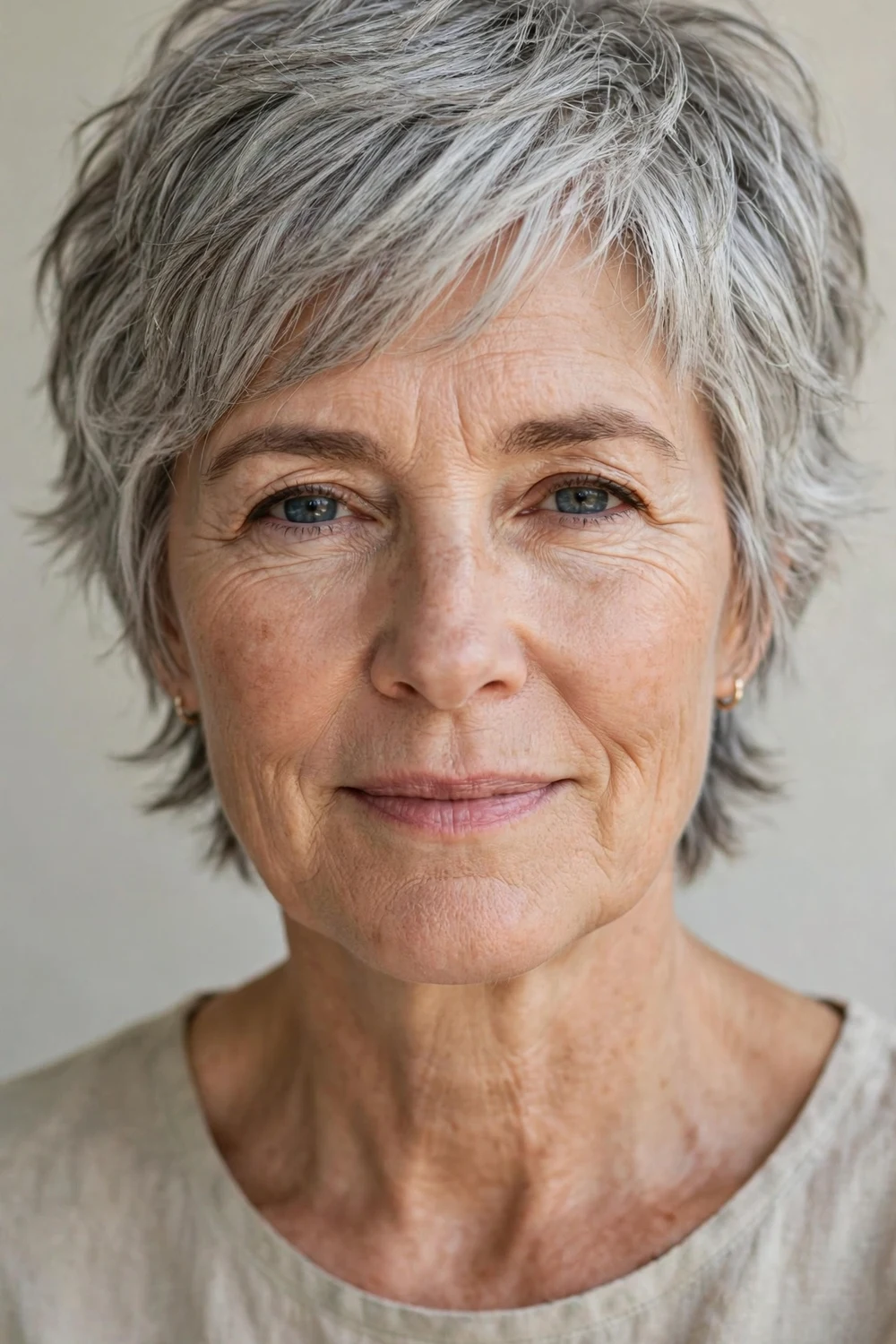 Woman in her late 50s with a contemporary natural silver short shag
