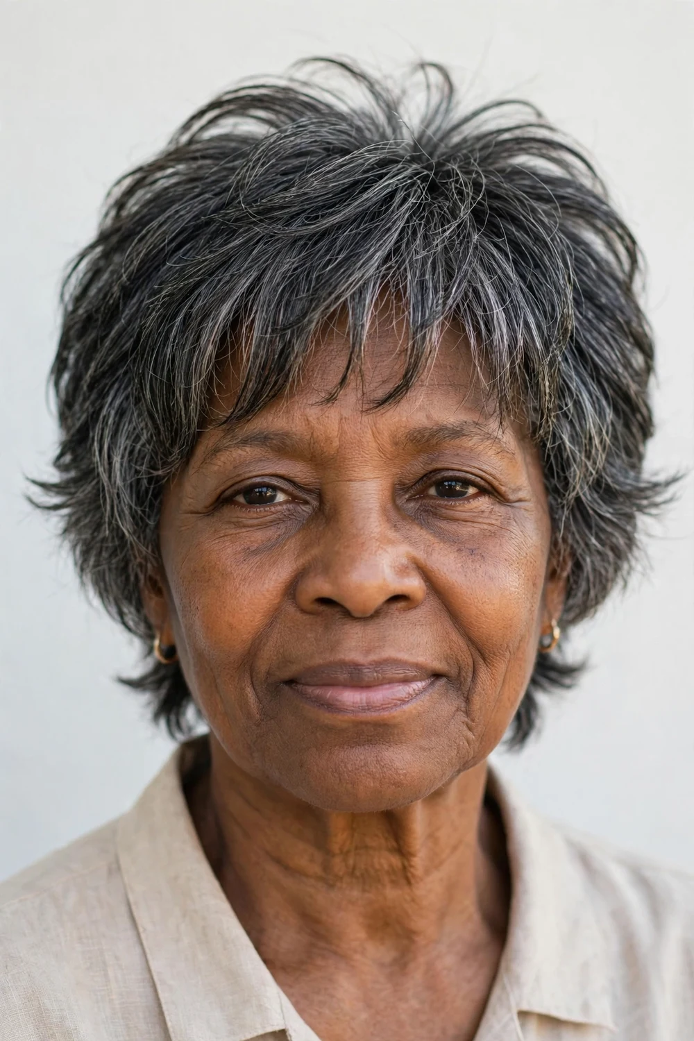 Woman in her early 60s with a neckline-clearing cool shag