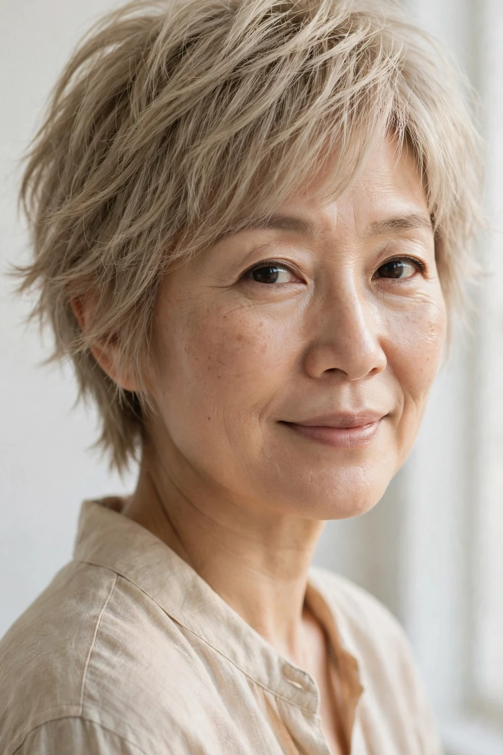 Woman in her early 50s with a neutral beige feather-light shag