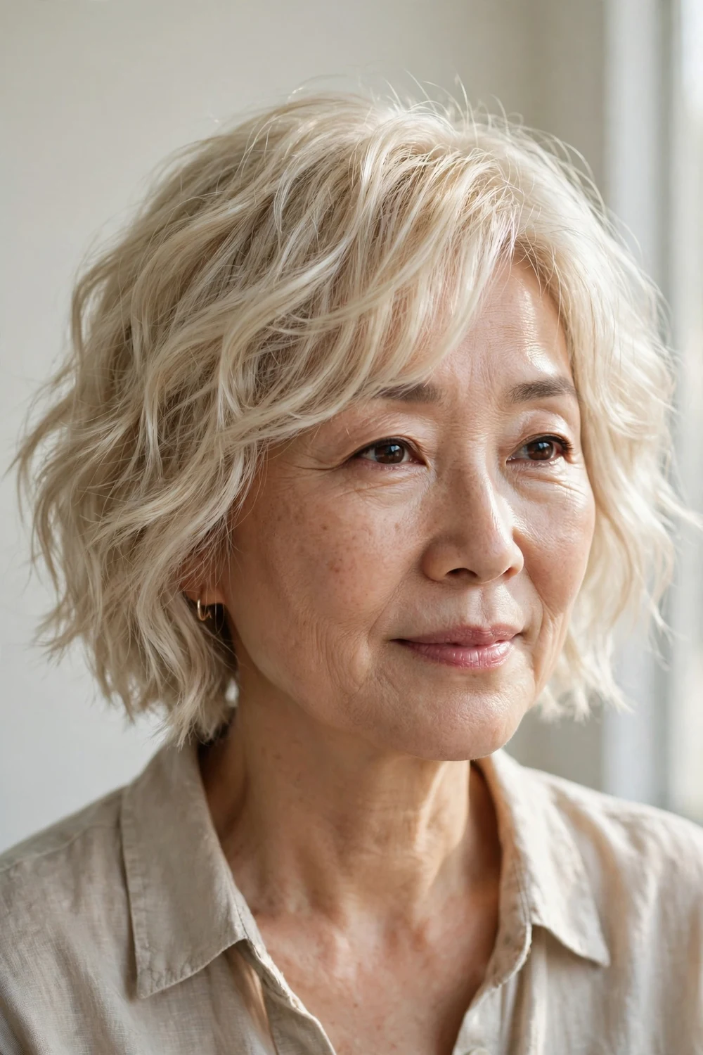 Woman in her late 50s with a pearl blonde wavy shag
