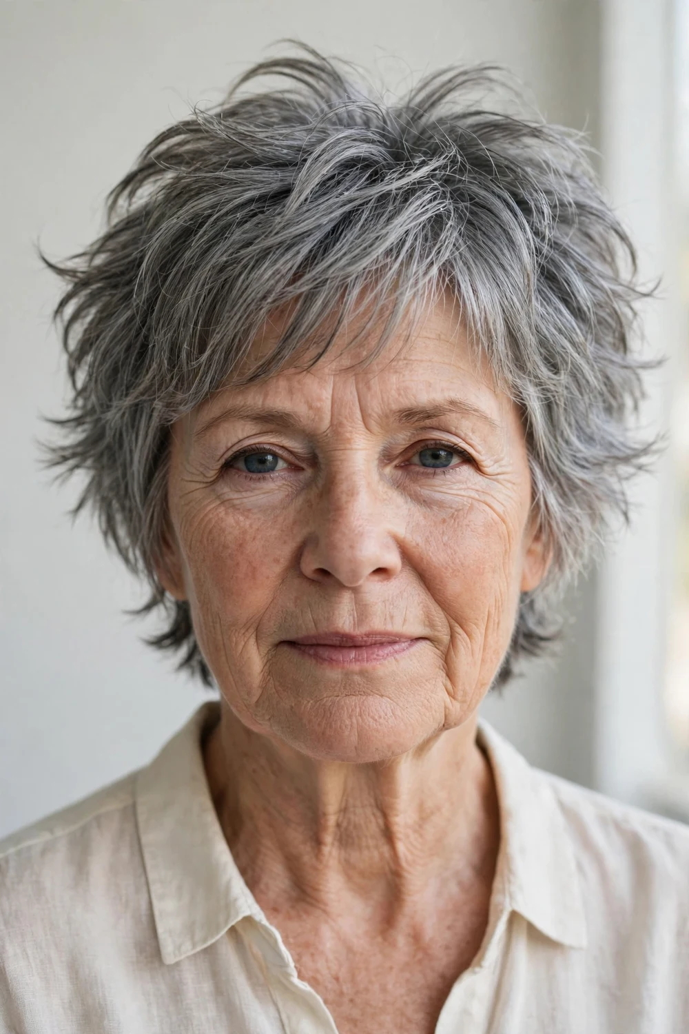 Woman in her early 60s with a pewter-toned flicked-layer shag