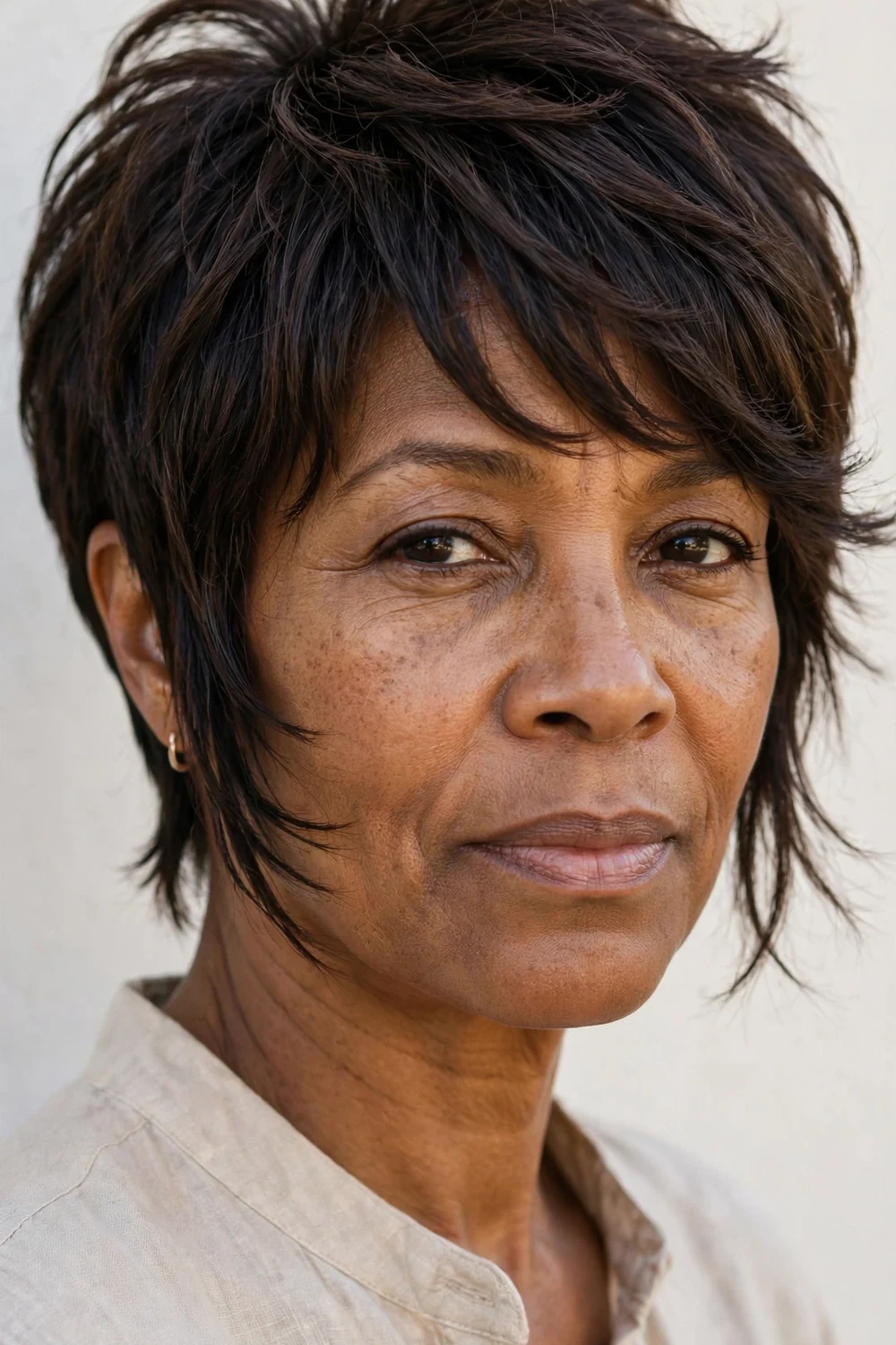Woman in her mid-50s with a pixie shag with crown volume and sideburns