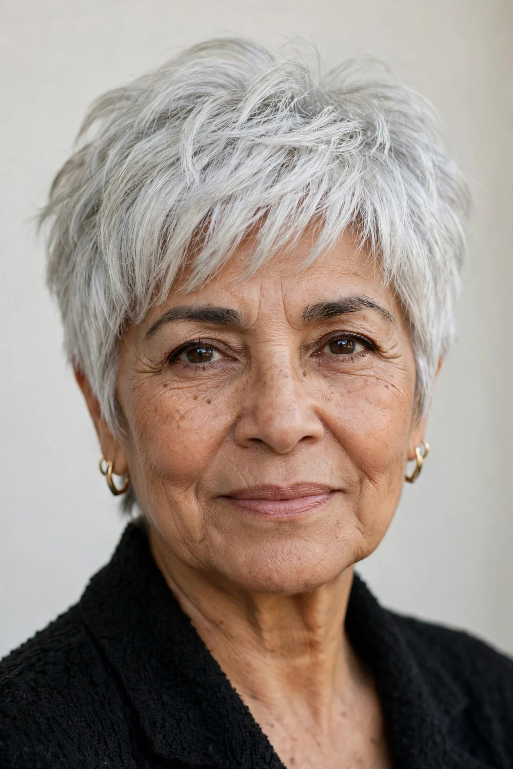 Woman in her early 60s with a platinum silver layered pixie shag