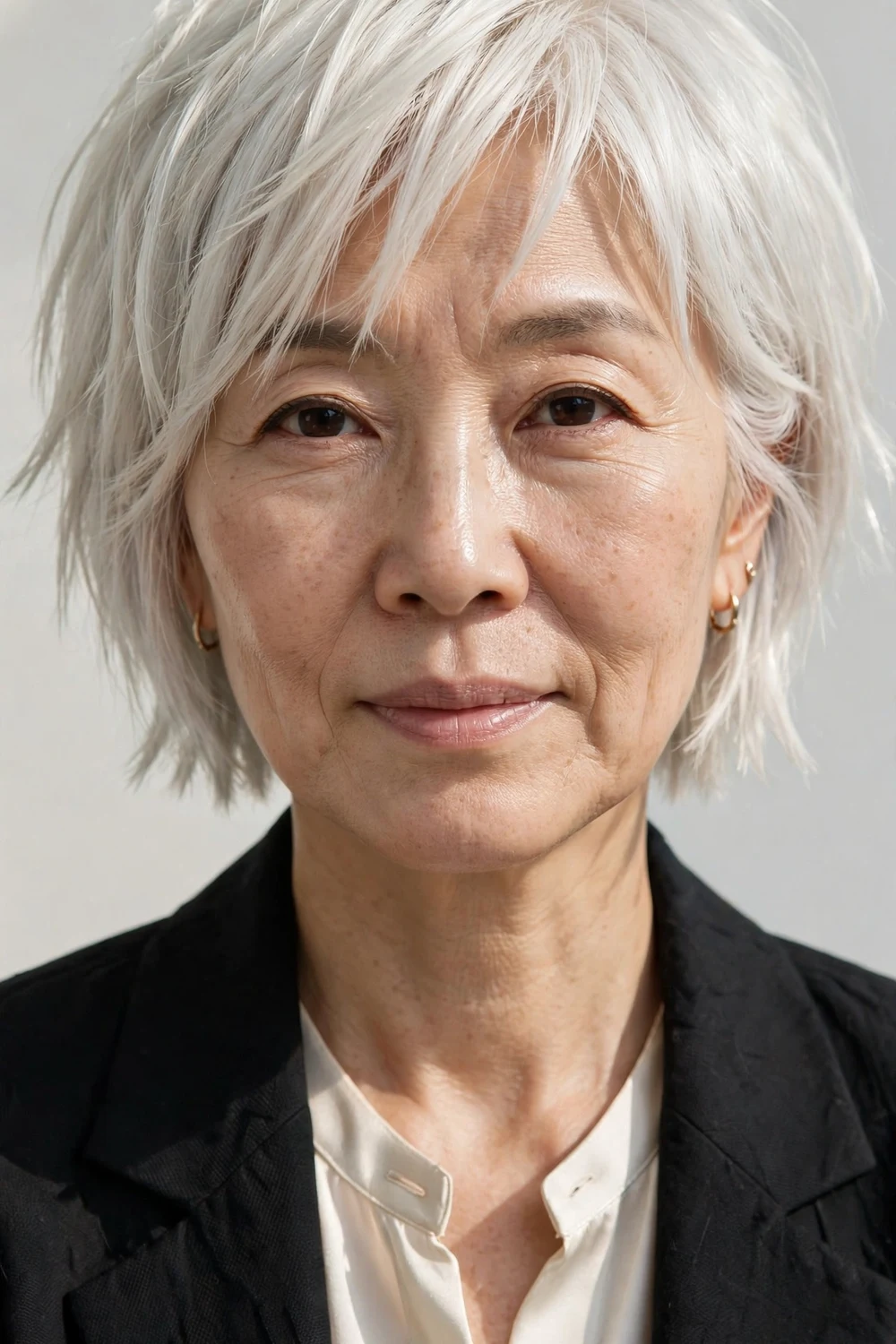 Woman in her mid-50s with a platinum sliced bob shag