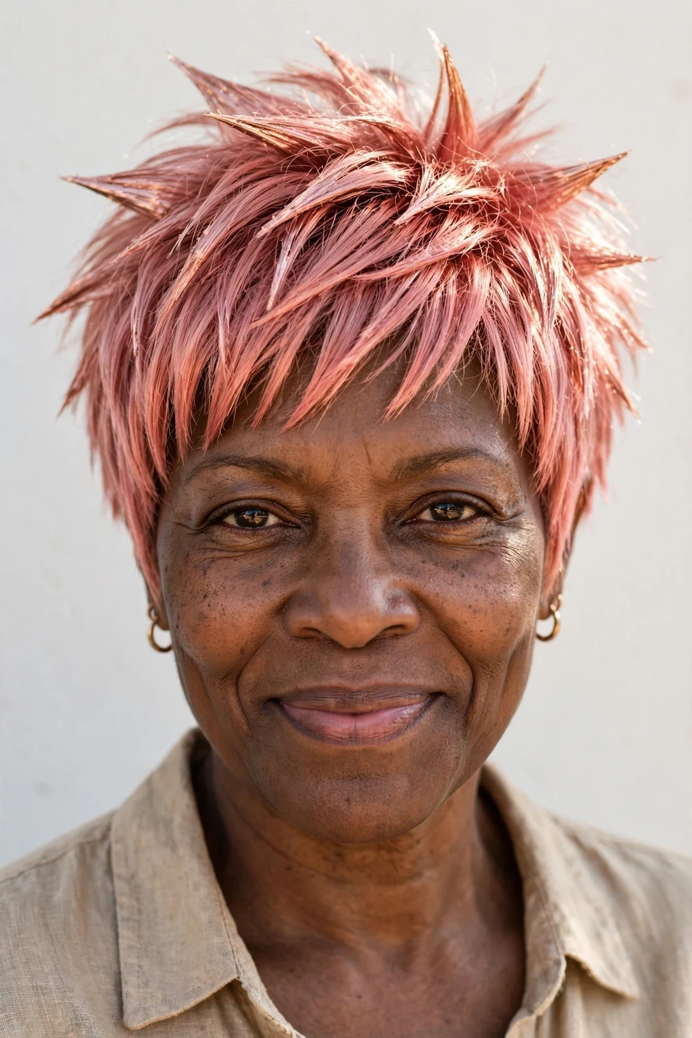 Woman in her late 50s with a rose gold spiked shag