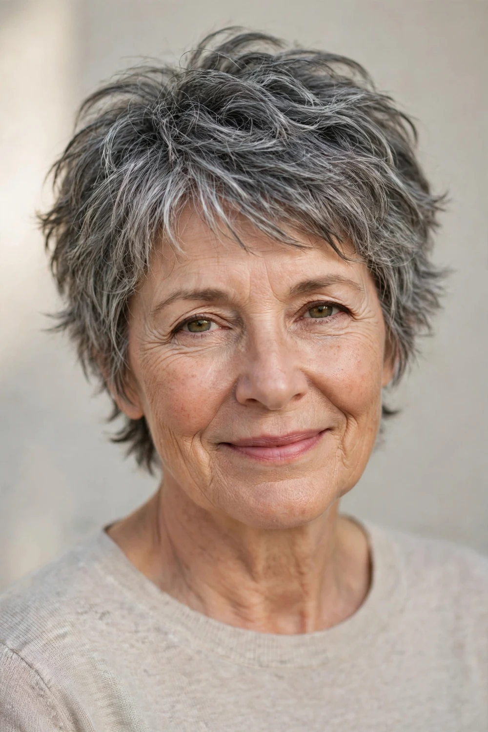 Woman in her 50s with an edgy salt-and-pepper short shag