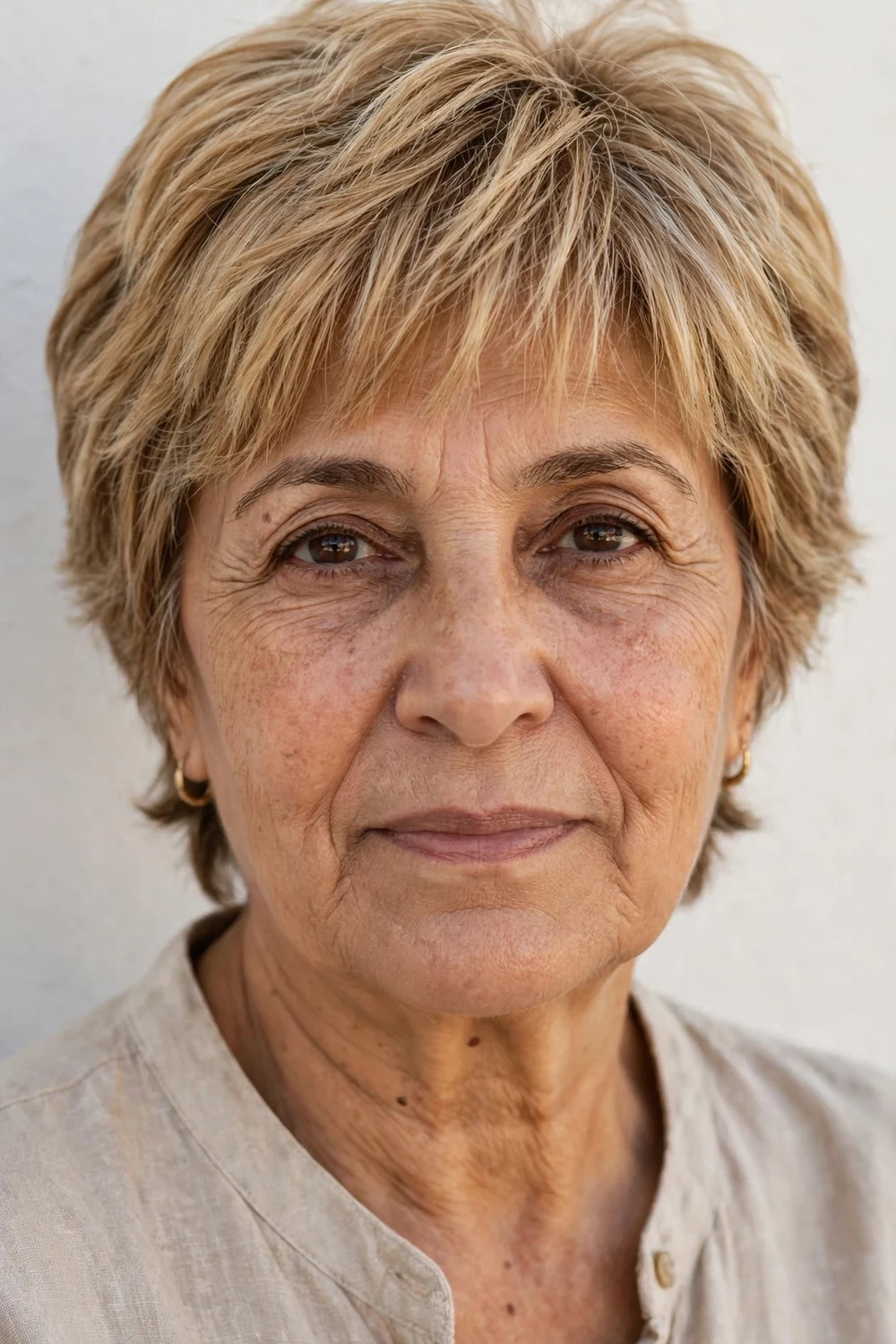 Woman in her early 60s with a sandy blonde tapered shag