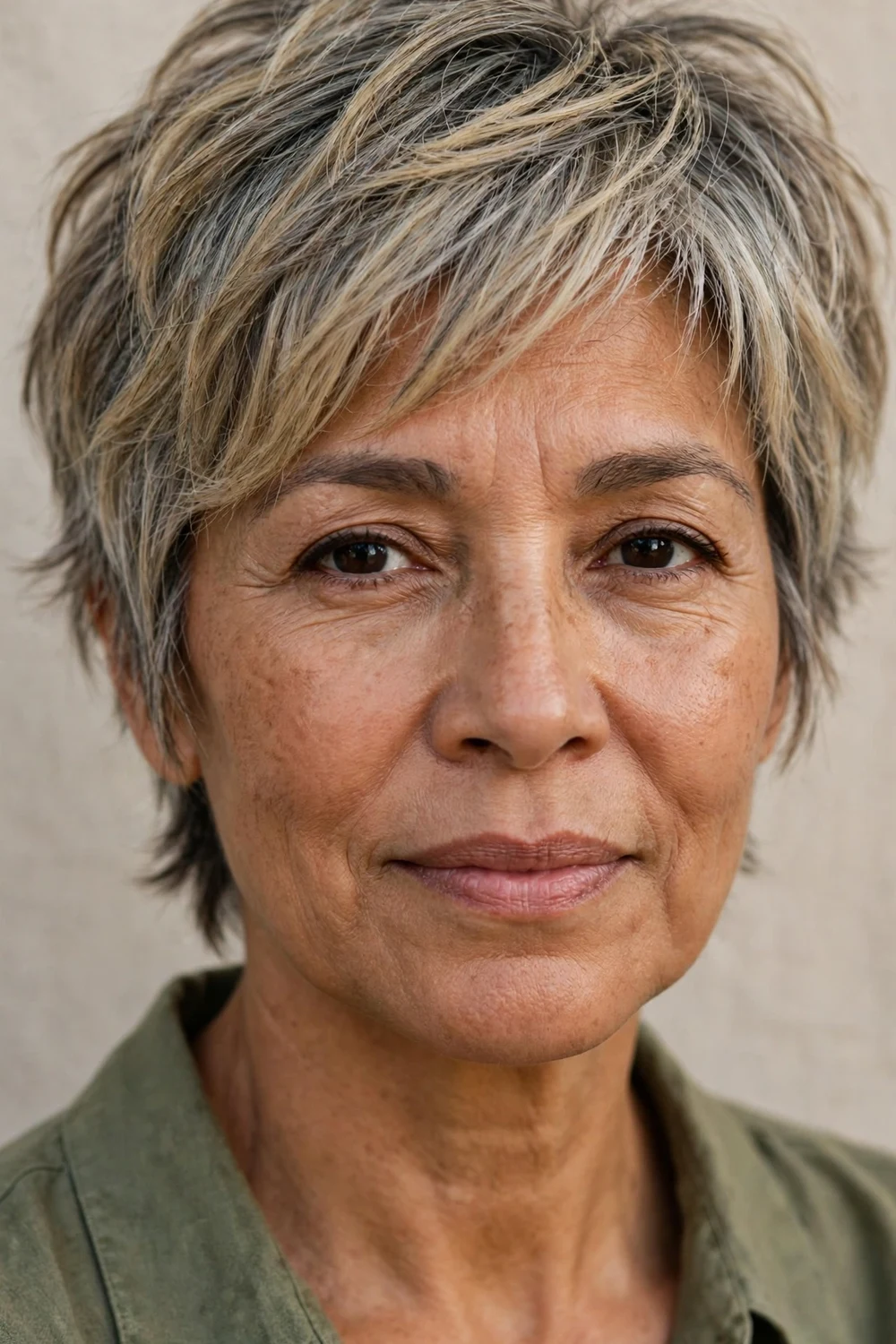 Woman in her mid-50s with a sandy gray blonde cropped shag