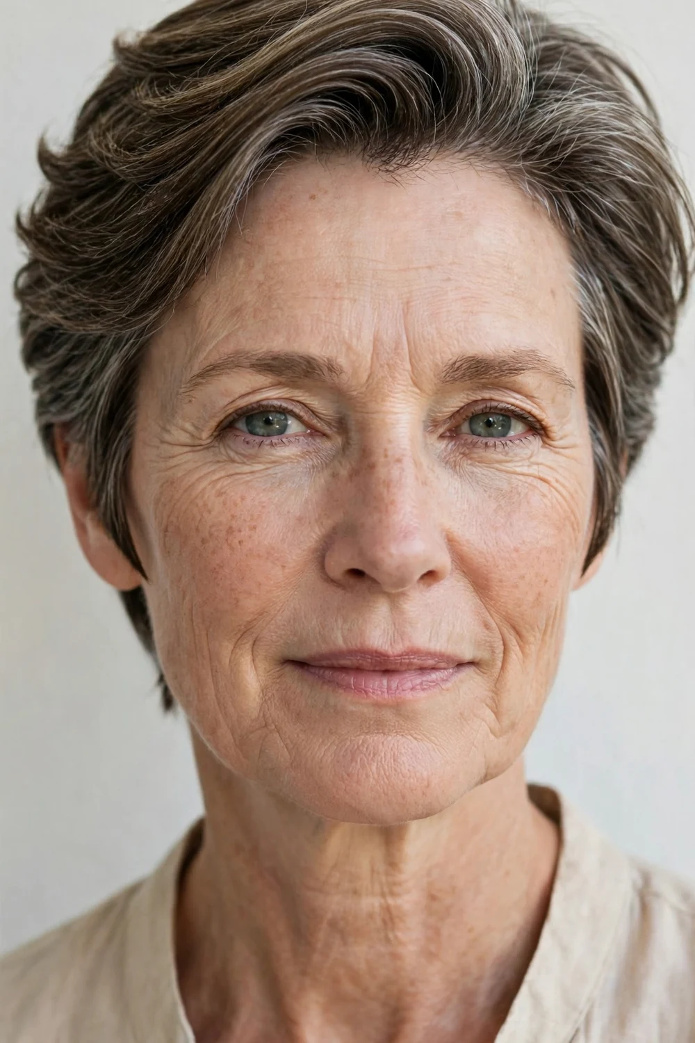 Woman in her late 50s with a short back-swept shag