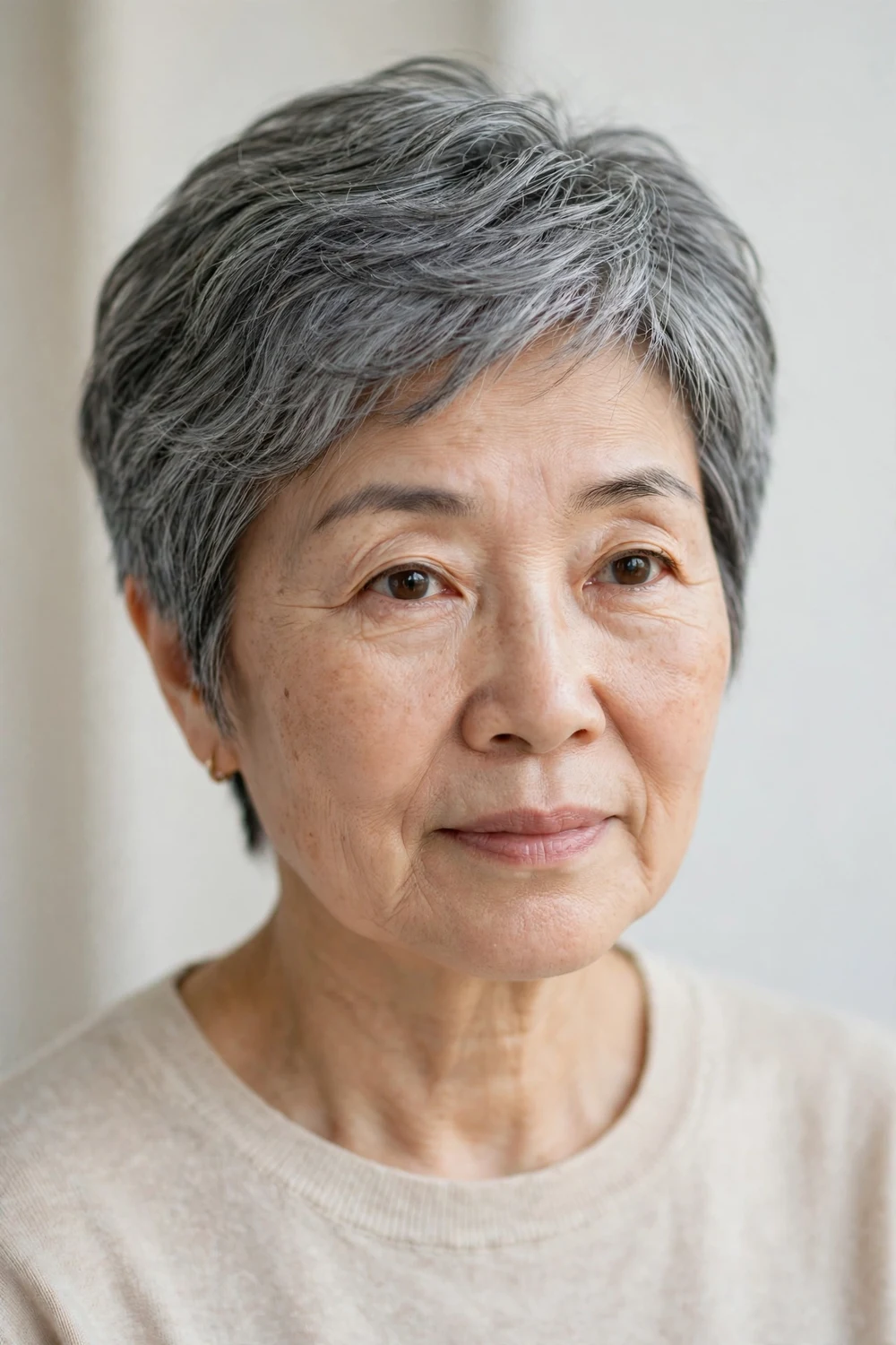Woman in her early 60s with a short feathered gray crop haircut