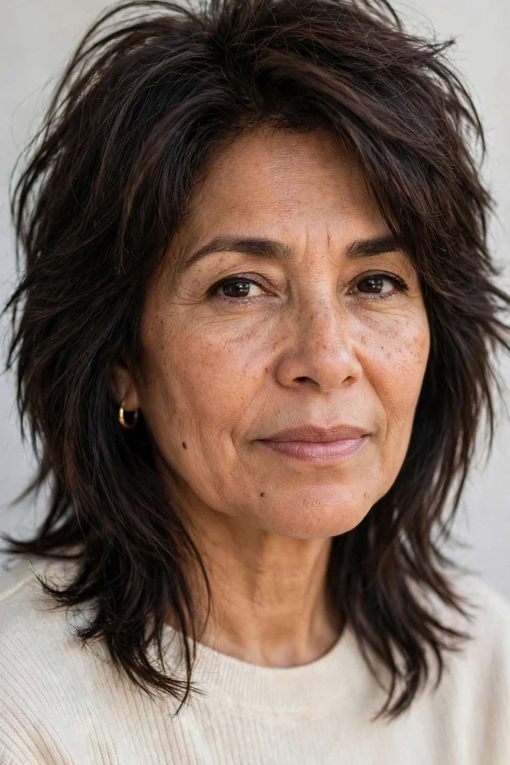 Woman in her mid-50s with a straight shoulder-length grow-out shag