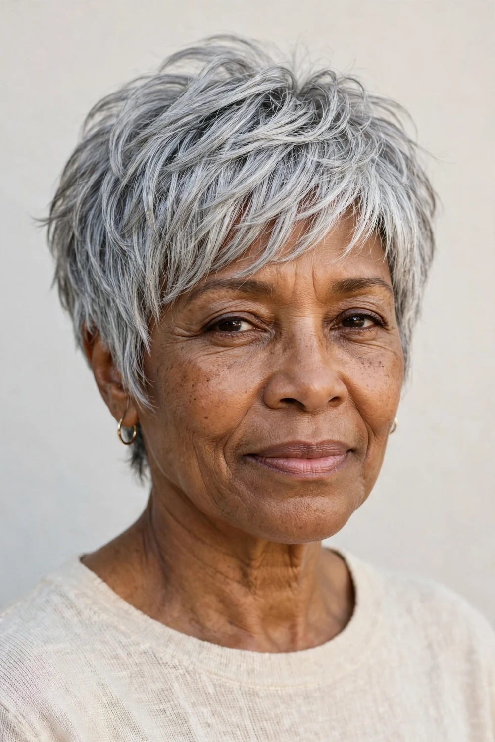 Woman in her 60s with a silver feathered pixie shag haircut