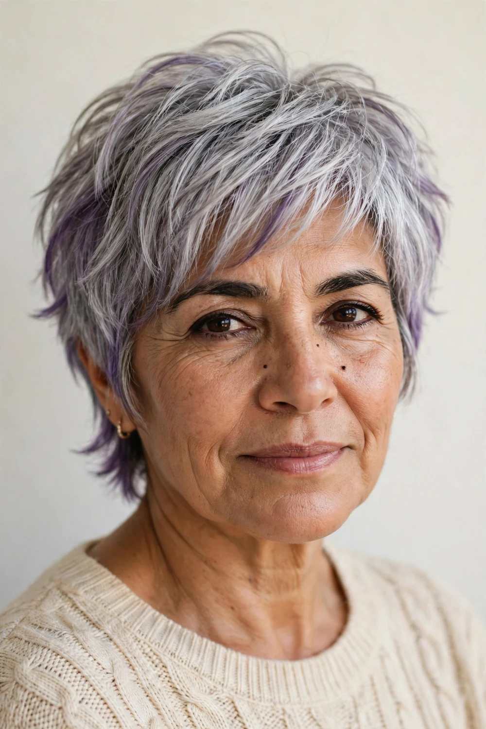 Woman in her late 50s with a silver shag with purple lowlights