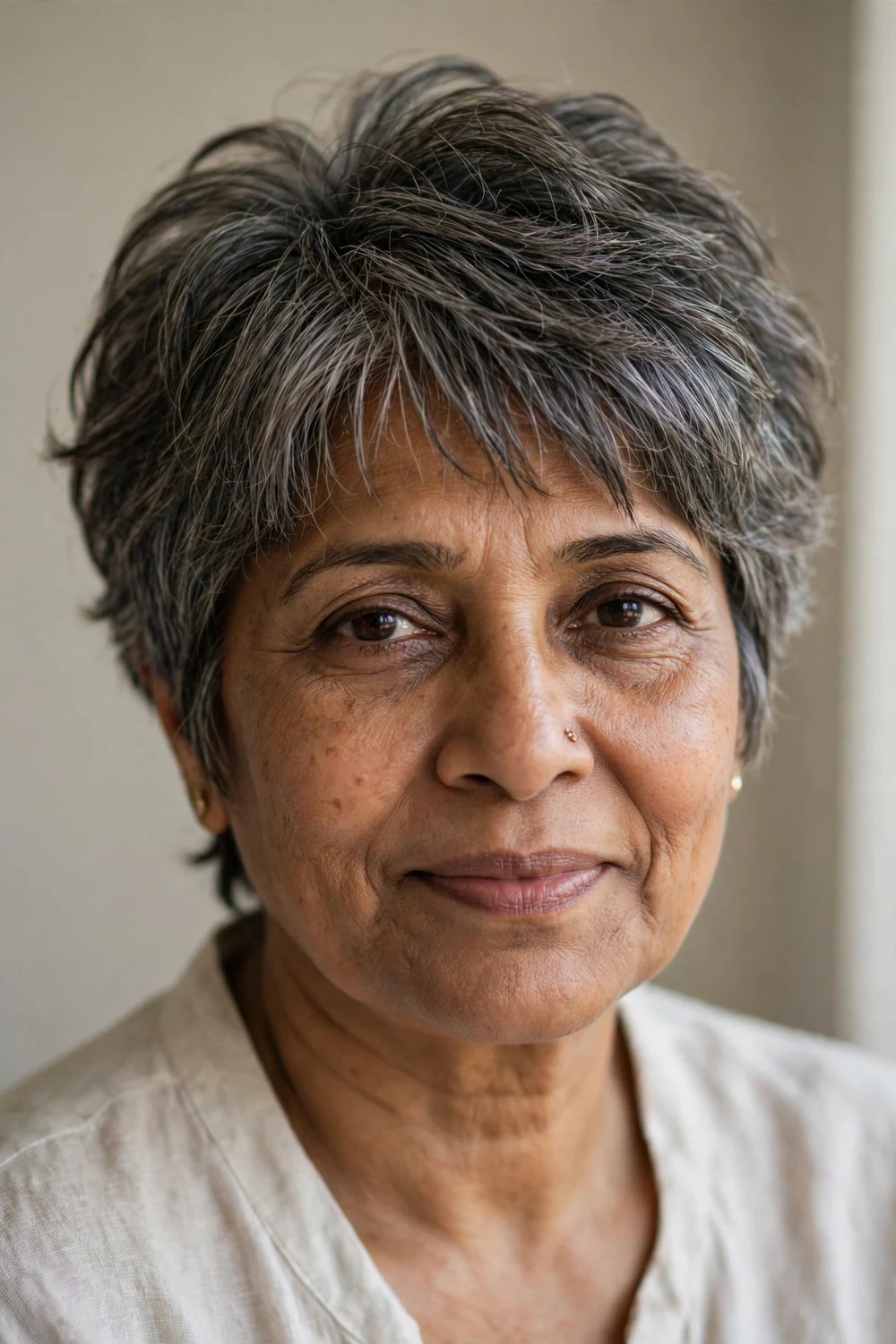 Woman in her late 50s with a smoky quartz textured shag