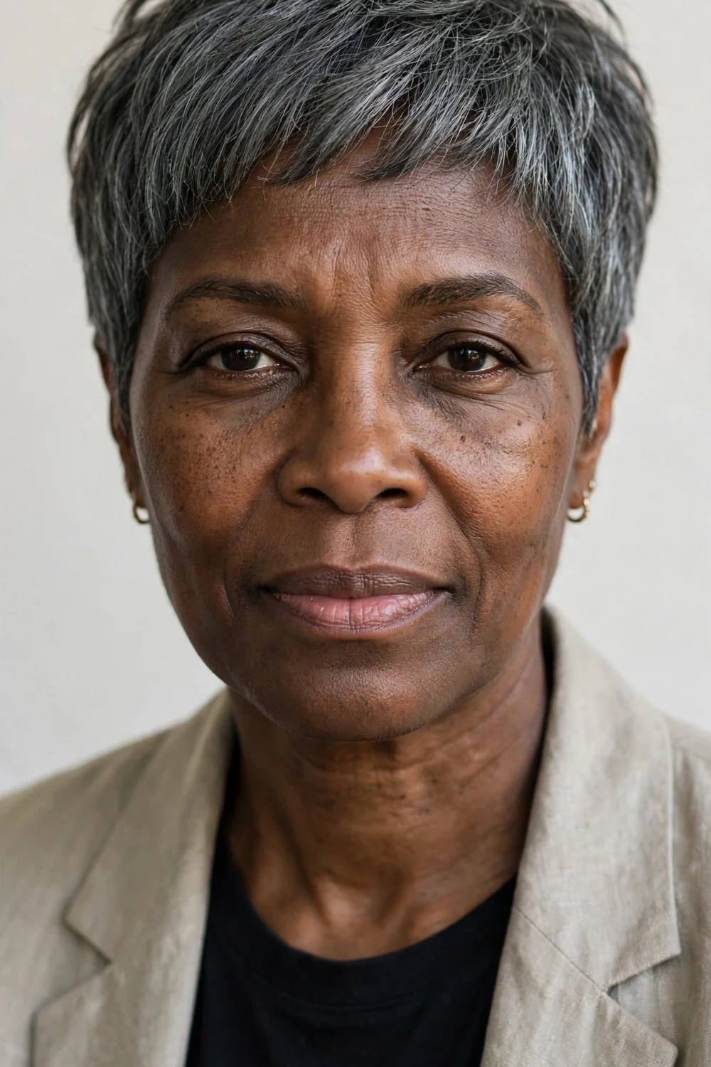 Woman in her mid-50s with a soft charcoal cropped shag