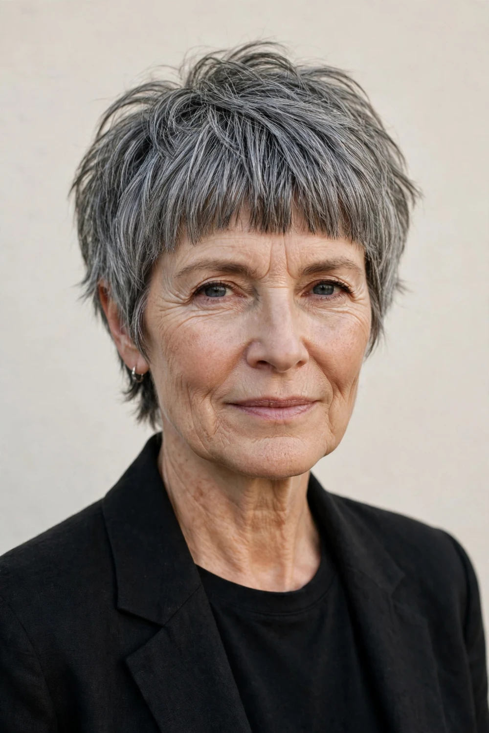 Woman in her early 60s with a steel gray bold-fringe shag