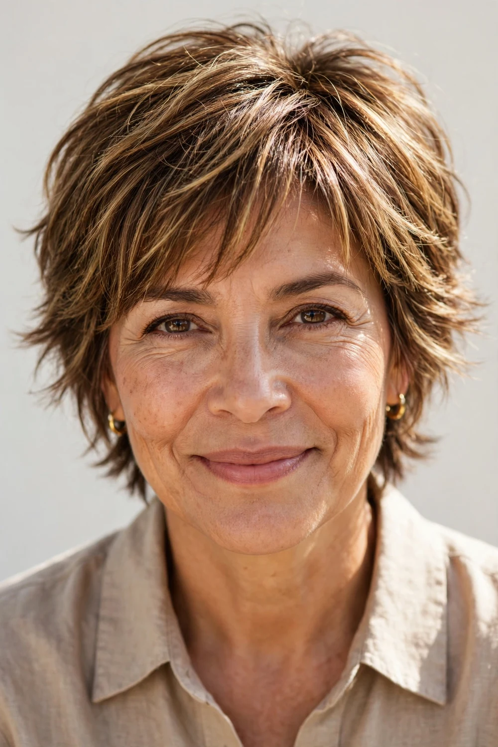 Woman in her early 50s with a sun-kissed highlighted shag