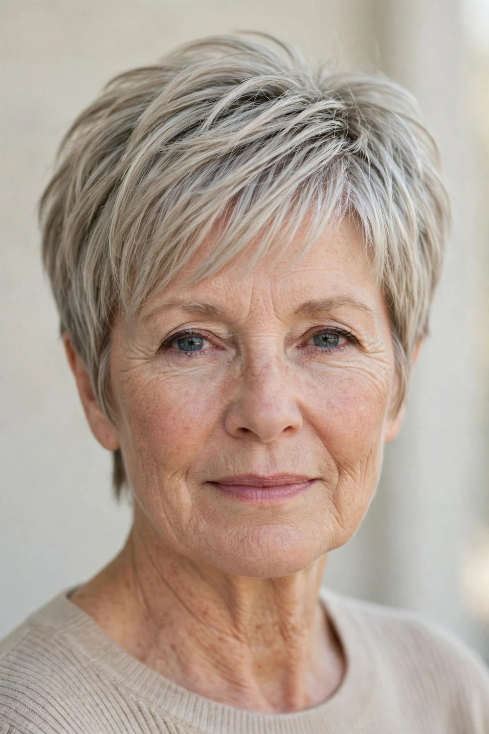 Woman in her early 60s with a tapered shag with silver highlights