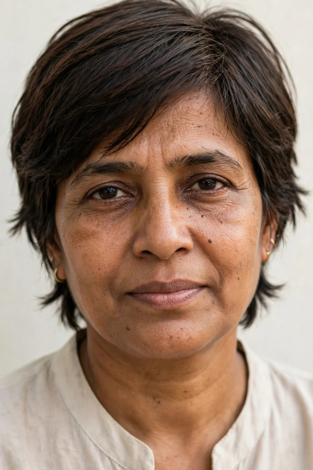 Woman in her mid-50s with a shag with thinned-out ends